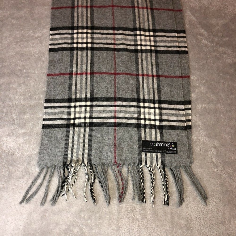 CASHMINK V. Fraas Black Gray Red White Plaid Scar Made in Germany 60" - Picture 4 of 7